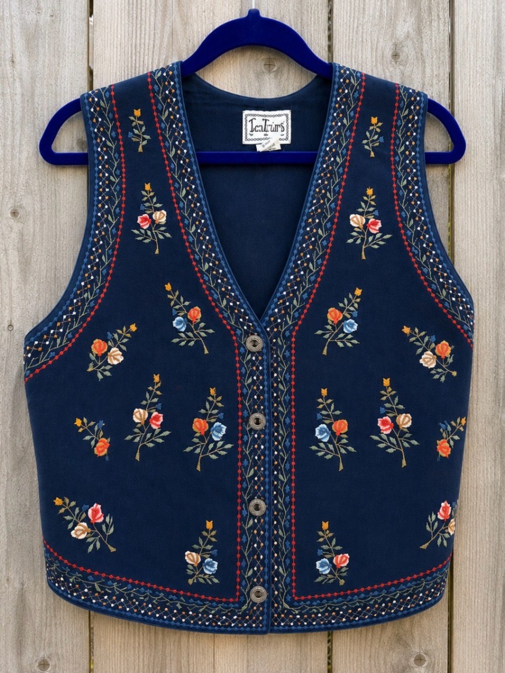 90s Vintage | Floral Embroidered Navy Vest
